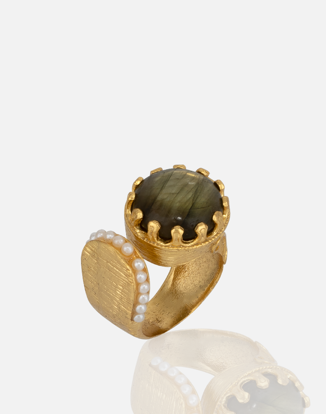 Women's Gold Labradorite and Pearl Adjustable Statement Ring handmade at RM Kandy