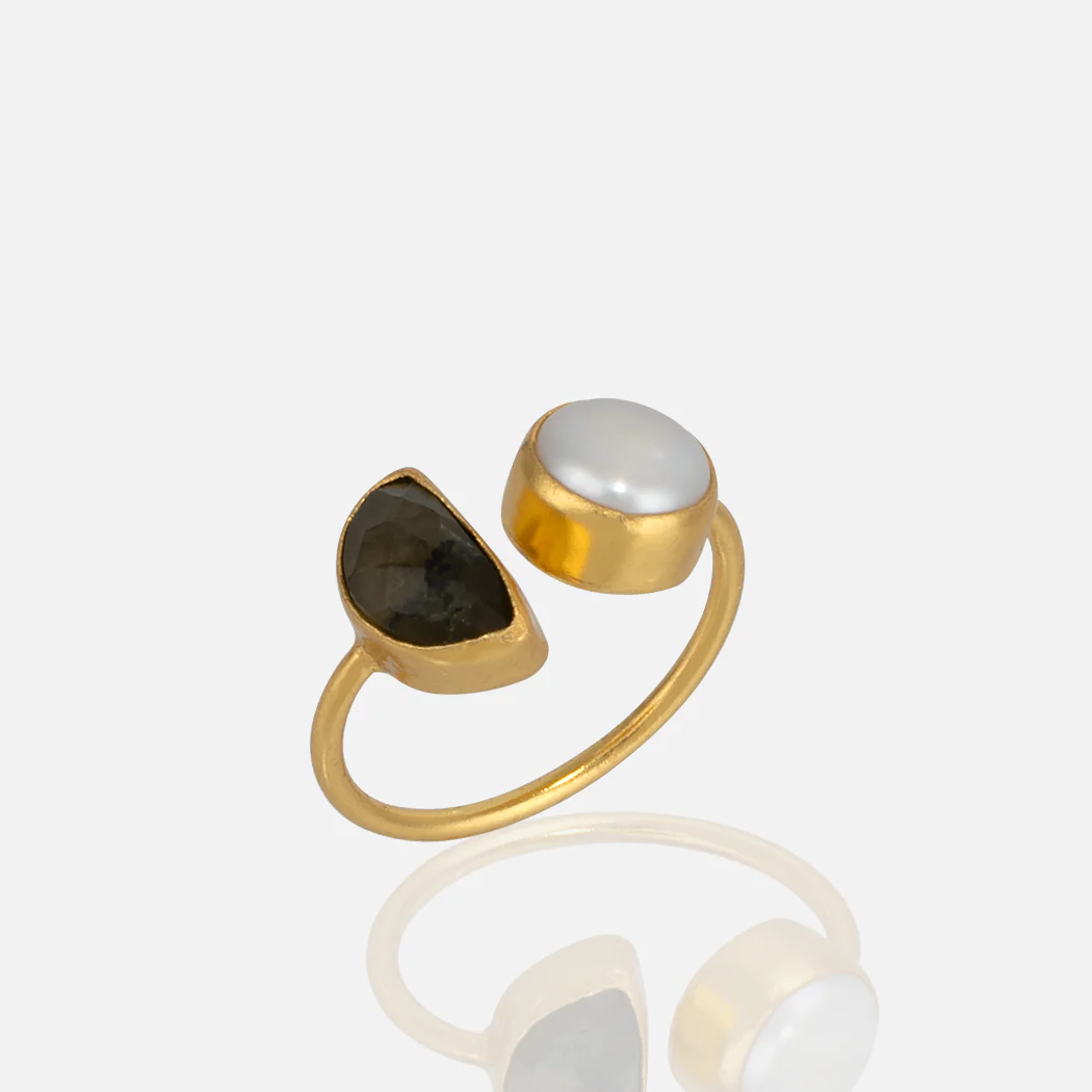 Gold open ring with labradorite stone and pearl for women at RM Kandy