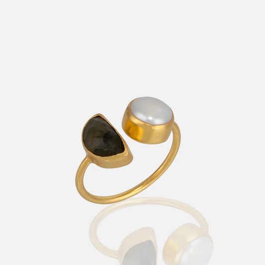Gold open ring with labradorite stone and pearl for women at RM Kandy