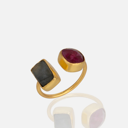 Women's Two gemstones gold cocktail ring ruby labradorite at RM Kandy