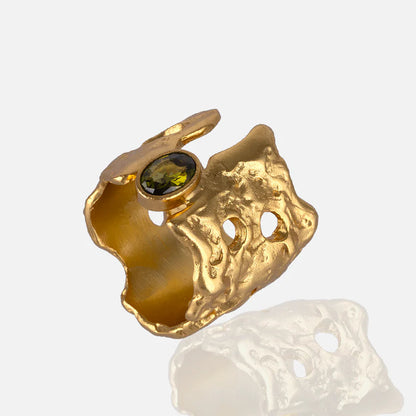 Gold Textured Statement Ring with peridot center charm adjustable at RM Kandy