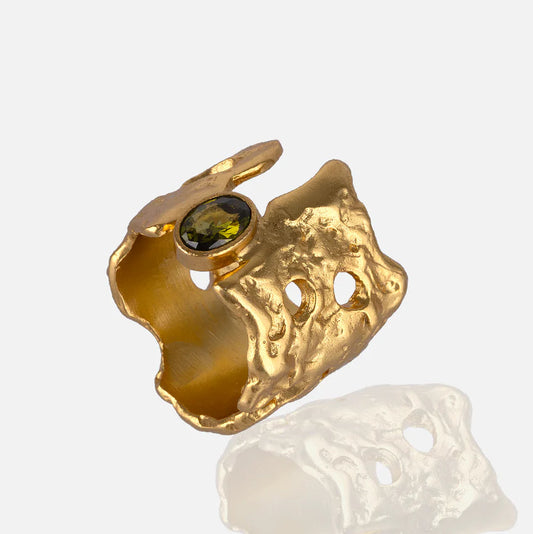 Gold Textured Statement Ring with peridot center charm adjustable at RM Kandy