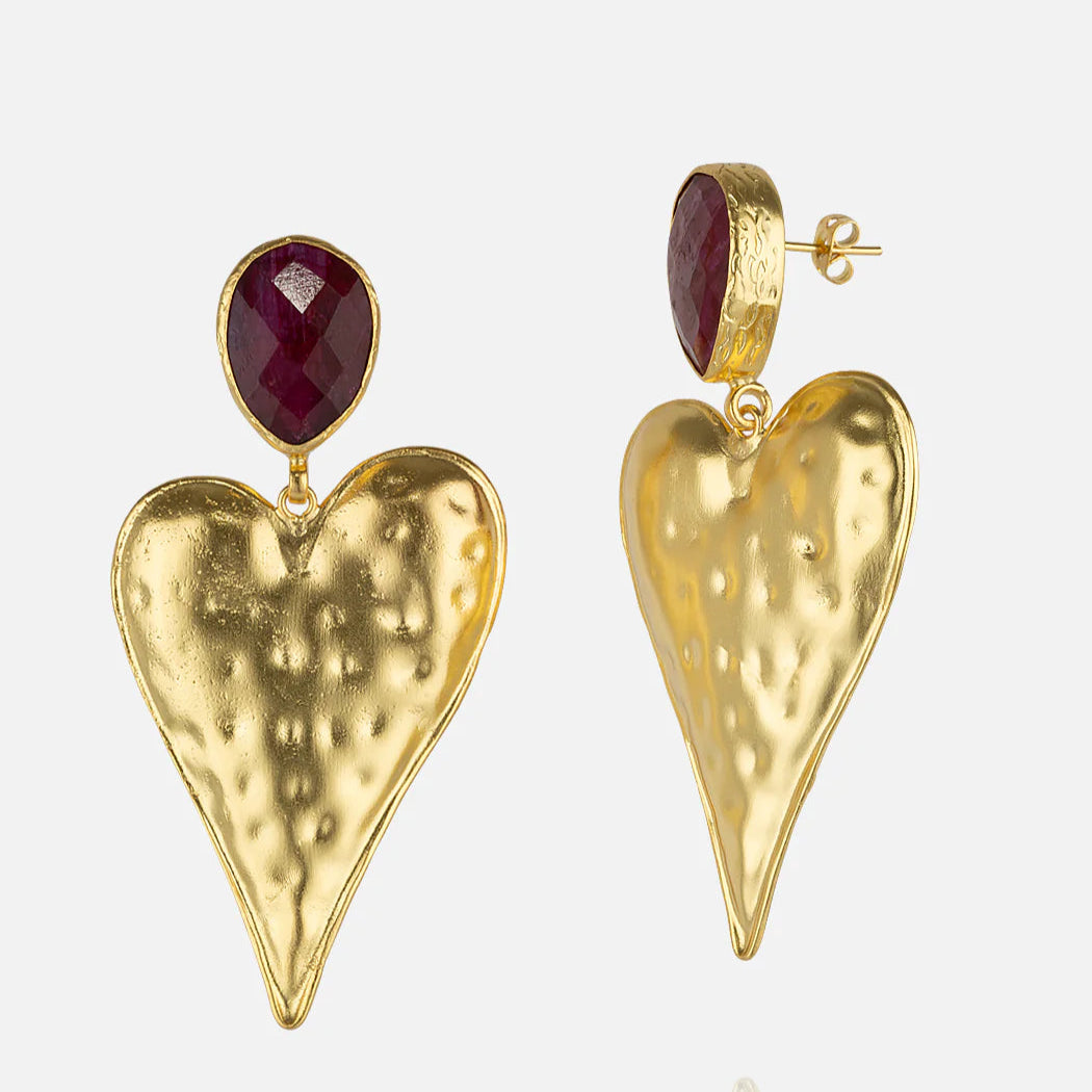 Large Heart Shaped Gold Earrings with Ruby Stones for Women at RM Kandy