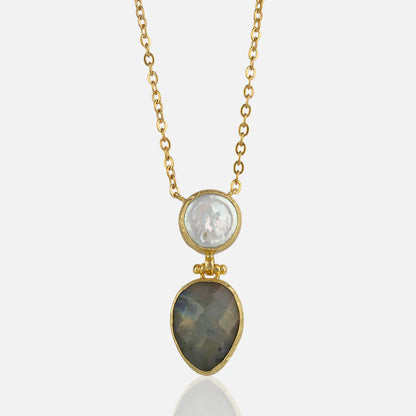 Women's Labradorite Pearl Pendant Necklace thin gold chain at RM Kandy