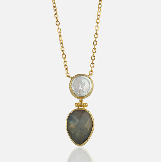 Women's Labradorite Pearl Pendant Necklace thin gold chain at RM Kandy