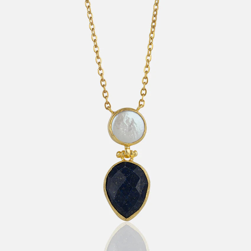 Women's Gold Pendant Necklace tear drop pearl and lapis charm at RM Kandy