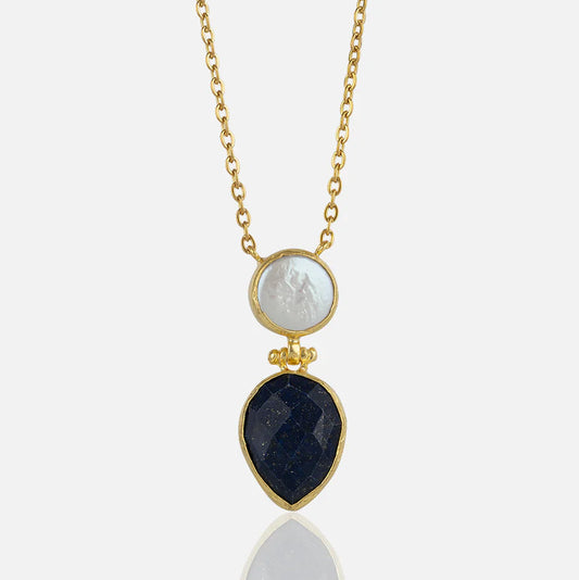Women's Gold Pendant Necklace tear drop pearl and lapis charm at RM Kandy