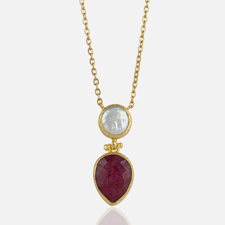Gold pendant necklace with ruby and pearl charm semi precious stones at RM Kandy