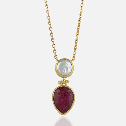 Gold pendant necklace with ruby and pearl charm semi precious stones at RM Kandy