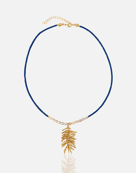 Lapis and Pearl Beaded Necklace for women with gold statement Charm at RM Kandy 