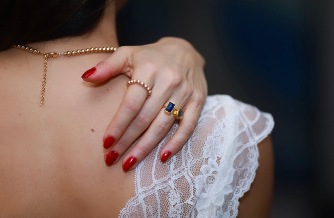 Women's Adjustable Cocktail Ring with Semi-precious stones and gold beaded Ring at RM Kandy