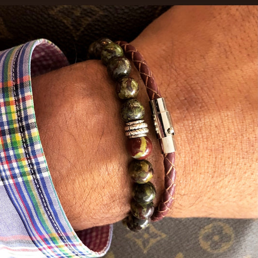 Mens Red Jasper Beaded Bracelet and Brown Leather Bracelet Set RM Kandy