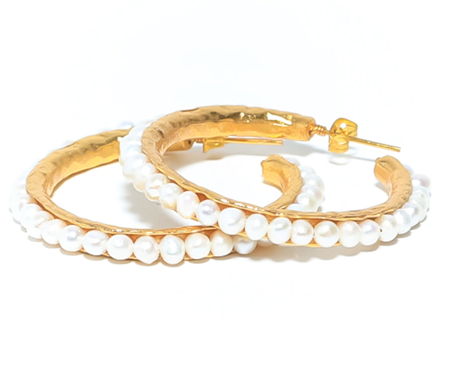 Large Gold Hoop Custom Earrings with Beaded Mother of Pearl 