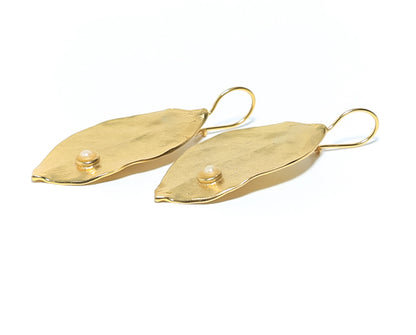 Women's Gold Leaf Earrings with pearl wire clasp at RM Kandy