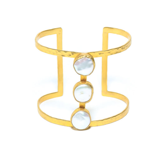 Gold Open cuff bangle bracelet with three mother of pearl stones set on it, for women at RM Kandy