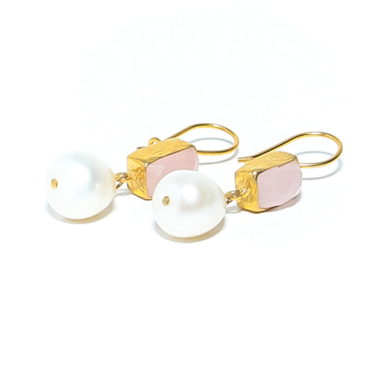 Fresh Pearl with Rose quartz semi-precious stone drop earrings-RM KANDY