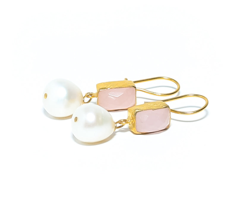 Fresh Pearl with  Rose Quartz semi precious stone Drop Earrings 