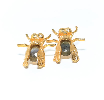 Large Fly Shaped Gold Labradorite Earrings at RM Kandy