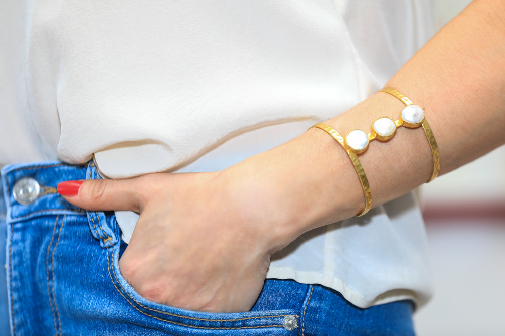 Gold Cuff Bracelet Fresh Pearl Statement Charms RM Kandy
