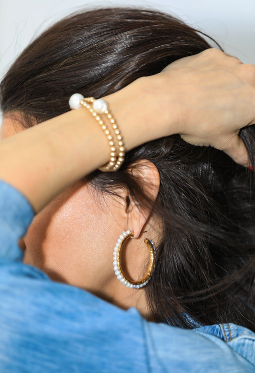 Womens Beaded Gold Bracelet Pearl Large Hoop Earrings