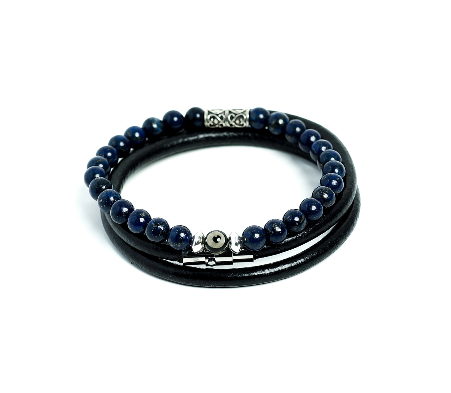 Mens Beaded and Leather Bracelet Set Lapis Lazuli stone Silver Charms handmade at RM Kandy