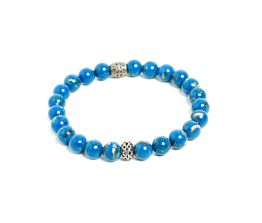 Mens 8mm Beaded Bracelet Blue Stabilized Turquoise Silver charms]-RM KANDY