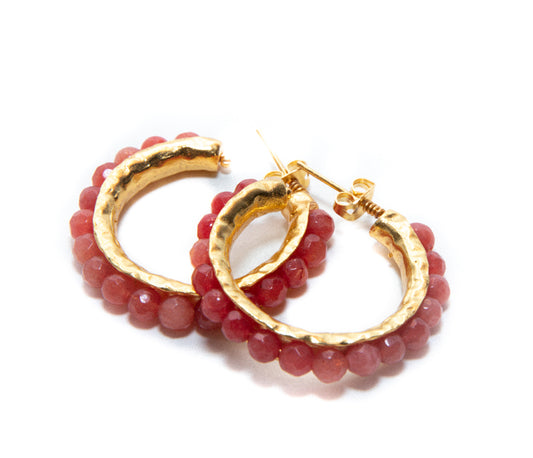 Womens Red Jade Beaded Mid Size Gold Hoop Earrings 