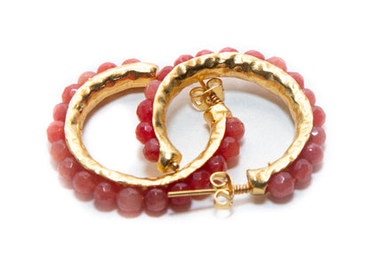 Gold Plated Red Jade Beaded Hoop Earrings at RM Kandy