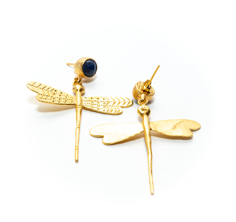 Dragonfly Gold Earrings with Lapis Lazuli Stone butterfly clasp at RM Kandy