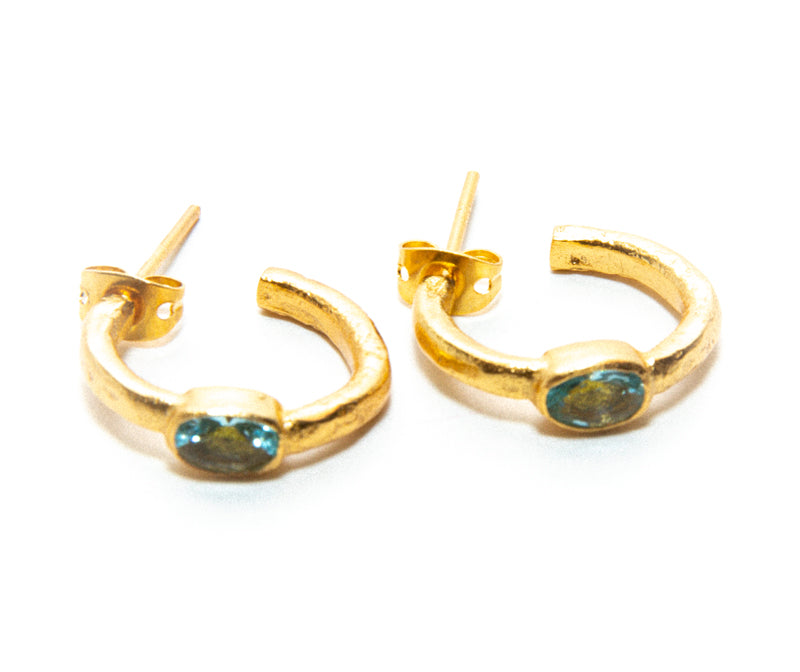 Gold Mini Hoop earrings with aquamarine stone butterfly clasp at RM Kandy