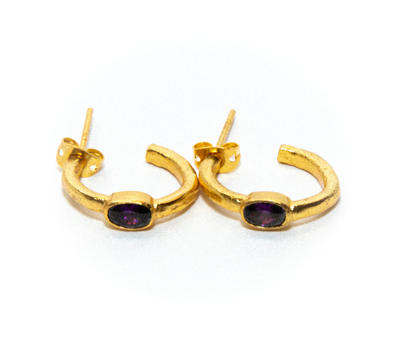 Women Gold Mini Hoop earrings Amethyst Stone Charm Butterfly Clasp RM Kandy