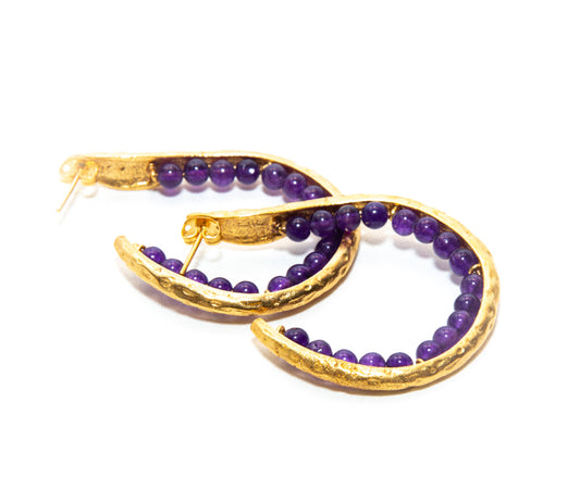 Gold Amethyst Beaded Large Hoop Earrings with butterfly clasp RM Kandy
