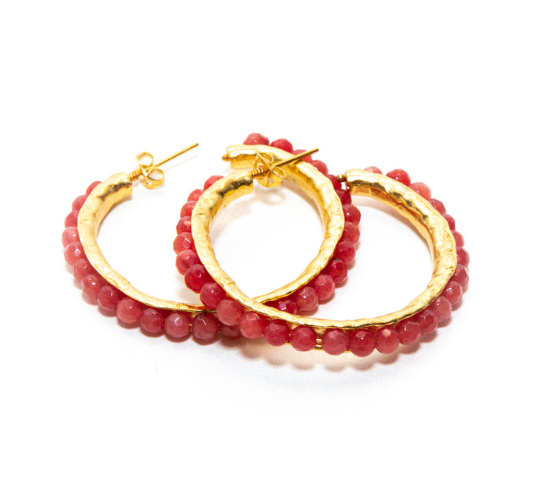 Handmade Red Jade Beaded Gold Hoop Earrings at RM Kandy