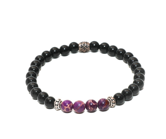 Mens Black Onyx and purple 6mm beaded bracelet with silver unique charms handmade at RM kandy