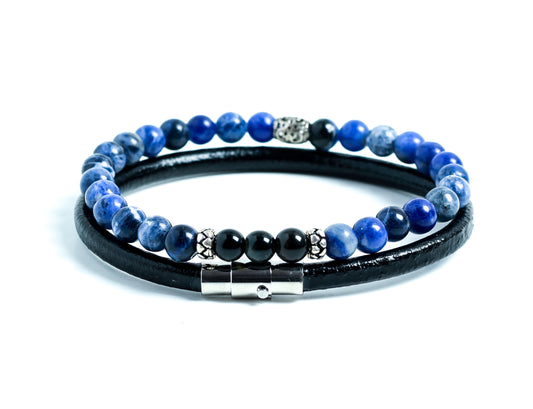 Mens Sodalite Blue Beaded and Leather Bracelet Set  with silver charms at RM KANDY