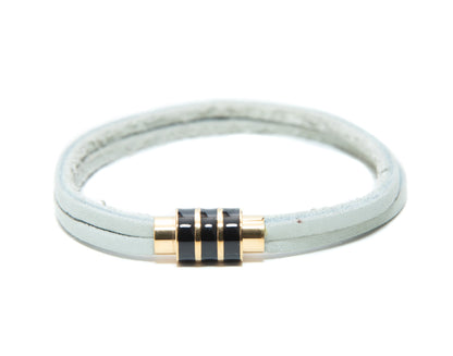 White mens leather bracelet with gold magnetic clasp custom charm RM Kandy