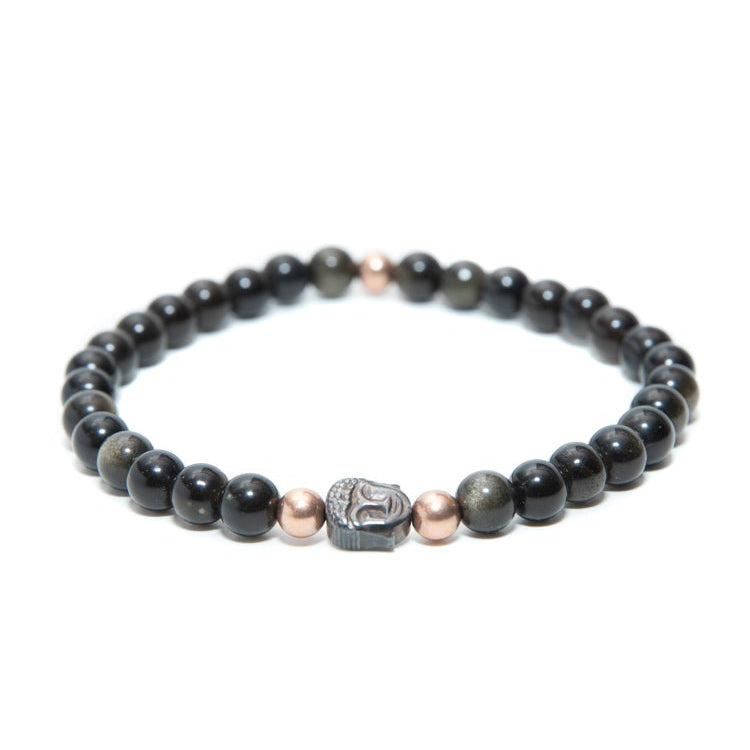 Mens Golden Obsidian Beaded Bracelet with rose gold and Buddha Charm handmade at RM Kandy