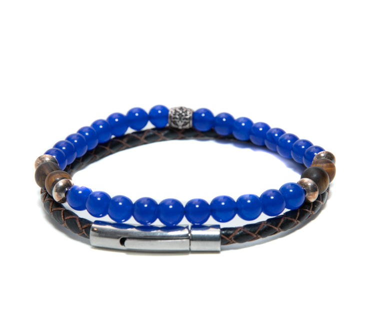 Mens Blue Jade Beaded and leather Bracelet set tiger eye and silver at RM Kandy