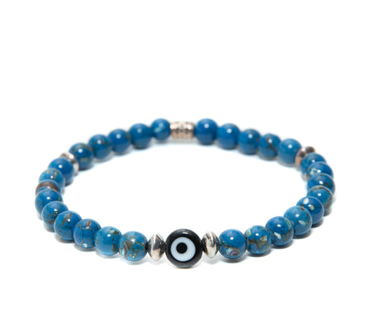 Mens Evil Eye Glass Bead Bracelet with blue stabilized turquoise  silver charms  at RM Kandy