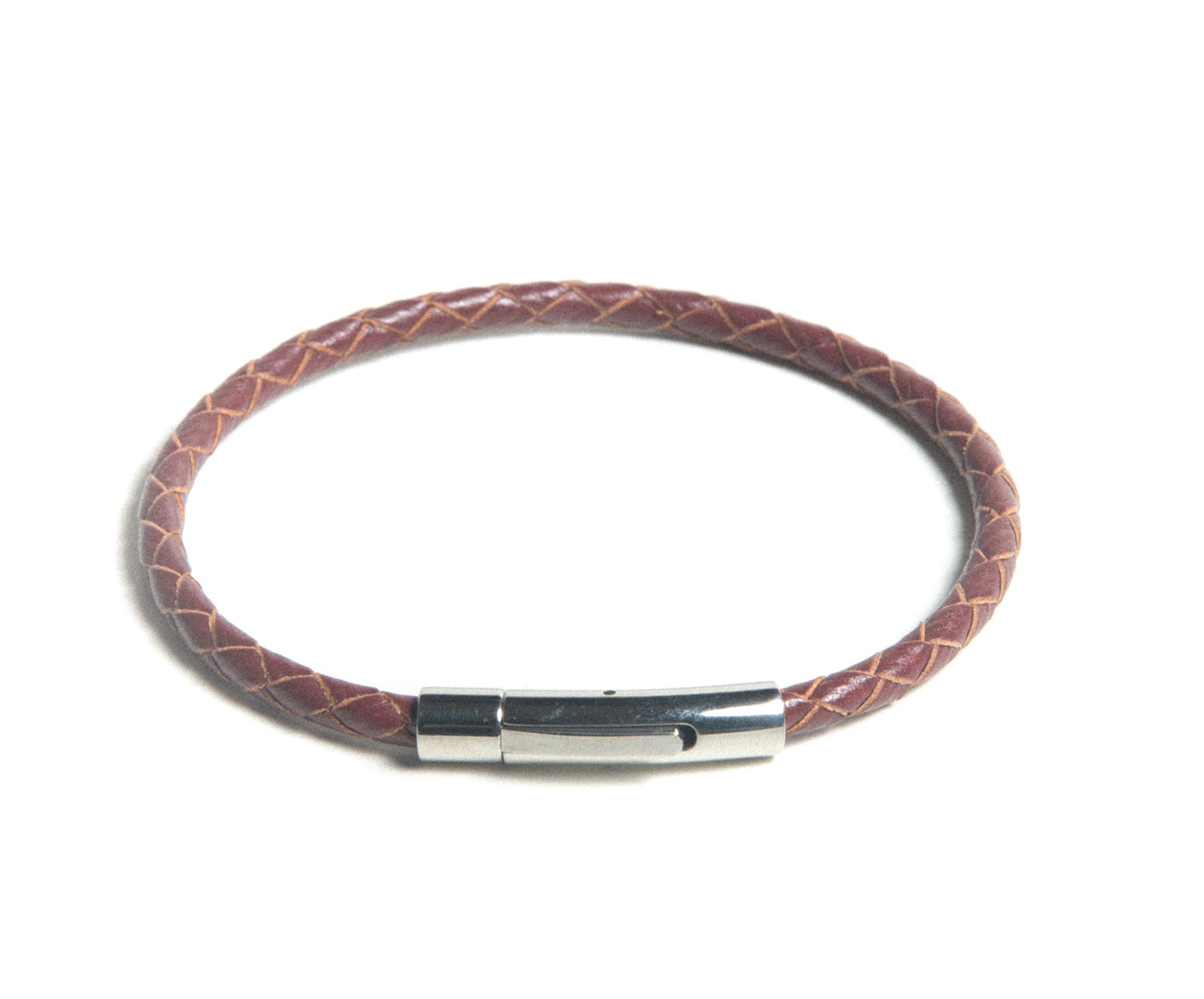 Mens Braided Handcrafted Light Brown Leather Bracelet Stainless Steel Clasp Closure at RM Kandy