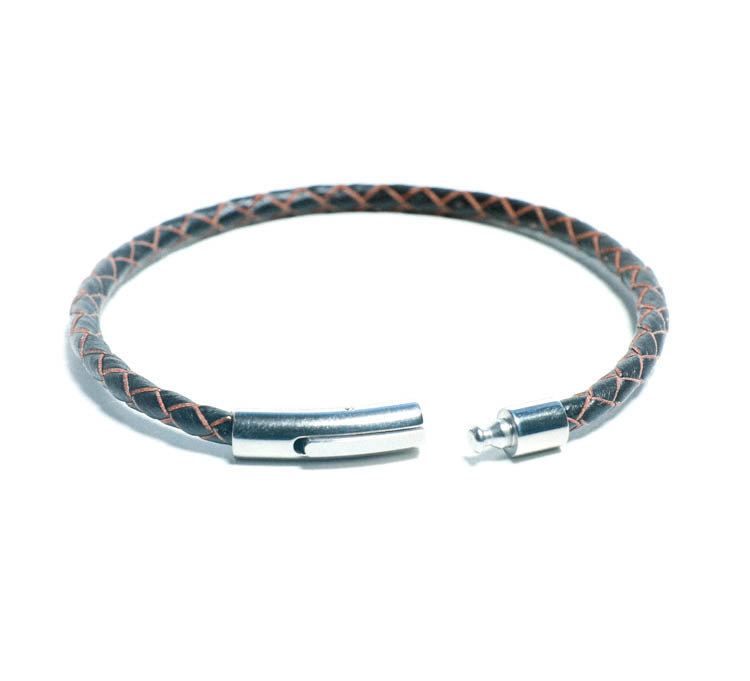 Mens Braided Handcrafted Dark Brown Leather Bracelet Stainless Steel Clasp Closure at RM Kandy