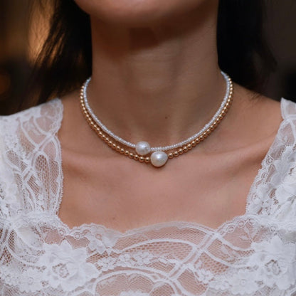 Womens Gold Beaded Choker Necklace with Fresh Pearl Charm in center on adjustable Gold Chain at RM Kandy