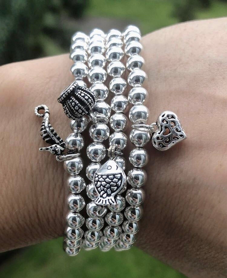 Silver 5mm Beaded Charm Bracelets for ladies handmade at RM Kandy