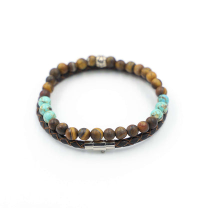 Mens Tiger Eye Stone Bracelet set with turquoise beads and Leather at RM KANDY