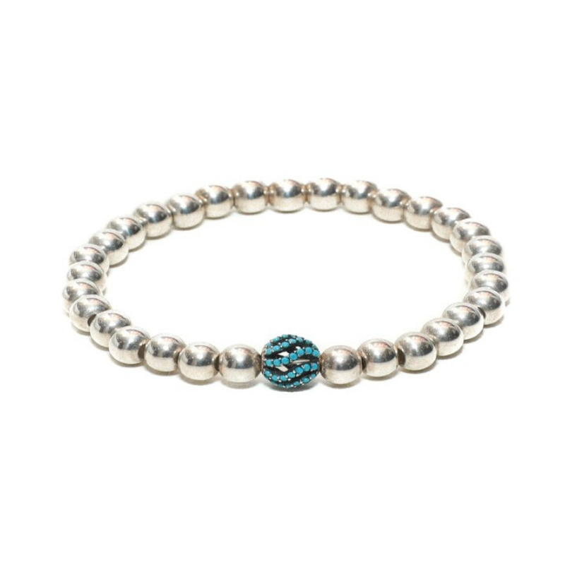 Ladies Sterling Silver Beaded Bracelet with Blue Swarowski 8mm Silver Charm
