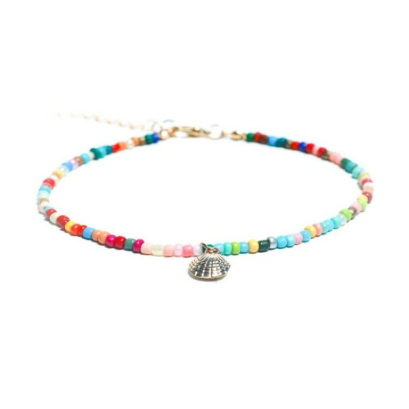 Womens Rainbow 4mm Beaded Anklet with Shell Charm on adjustable Chain at RM Kandy