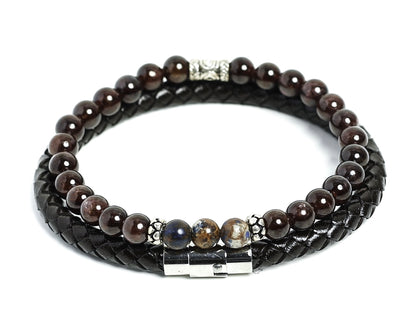 Mens Garnet 6mm Beaded Bracelet with Silver Custom Charms and leather bracelet