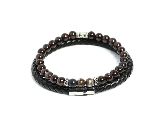 Mens Custom Beaded and braided leather bracelet set with garnet stones