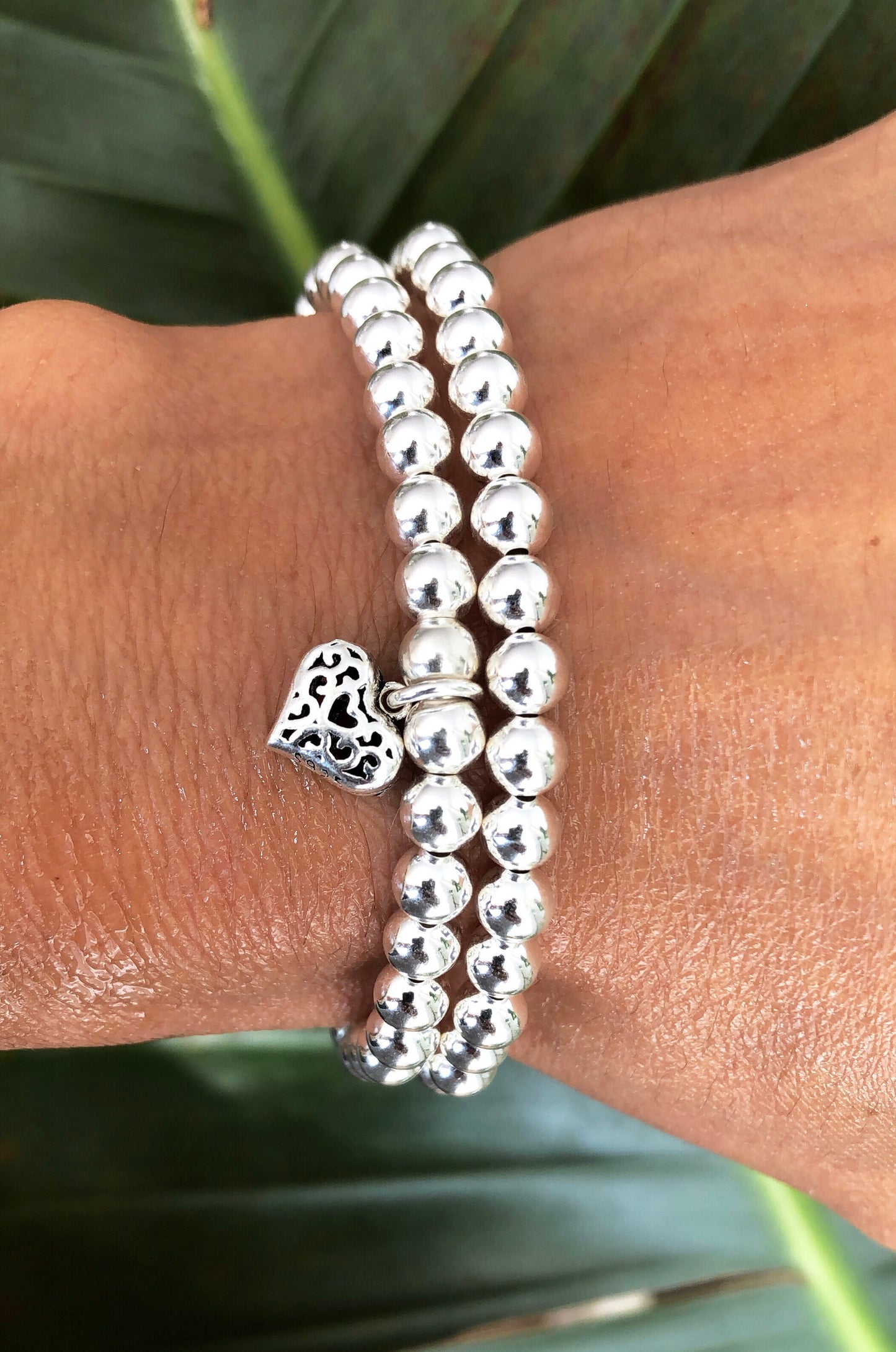 5mm Beaded Silver bracelet with Tibetan heart charm at RM KANDY