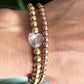 Gold Beaded Bracelet with rose quartz Heart Charm layered with a rose gold beaded bracelet handmade at RM Kandy